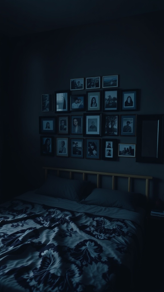 A cozy dark bedroom with a wall of framed photos.