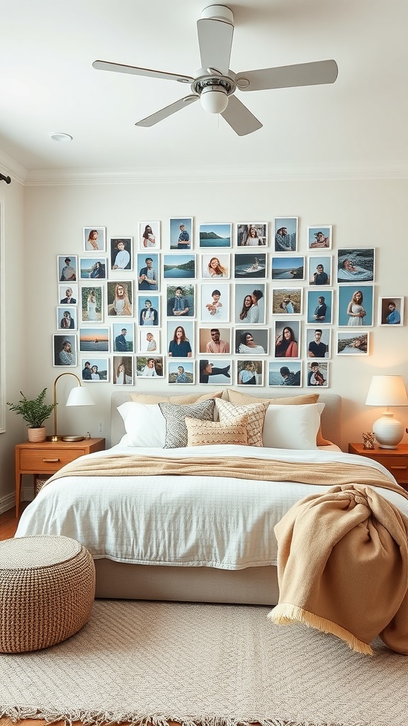 A cozy bedroom featuring a large personalized photo display on the wall, showcasing framed photos.