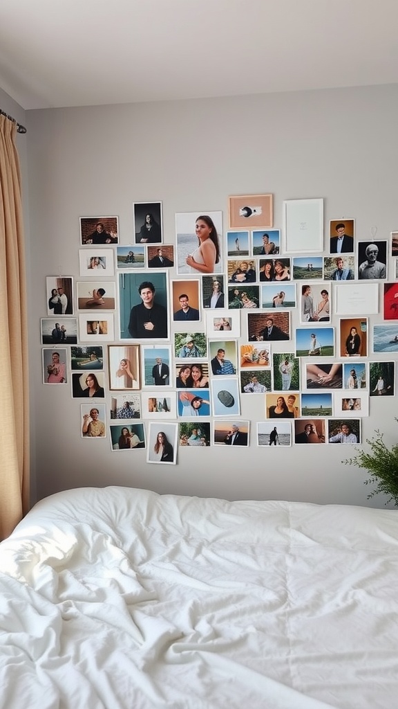A wall decorated with a variety of framed photos in a bedroom