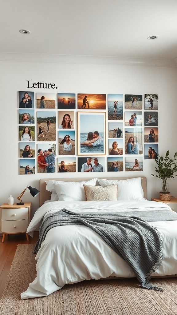 A cozy bedroom featuring a personalized photo gallery on the wall above the bed, showcasing various happy moments.