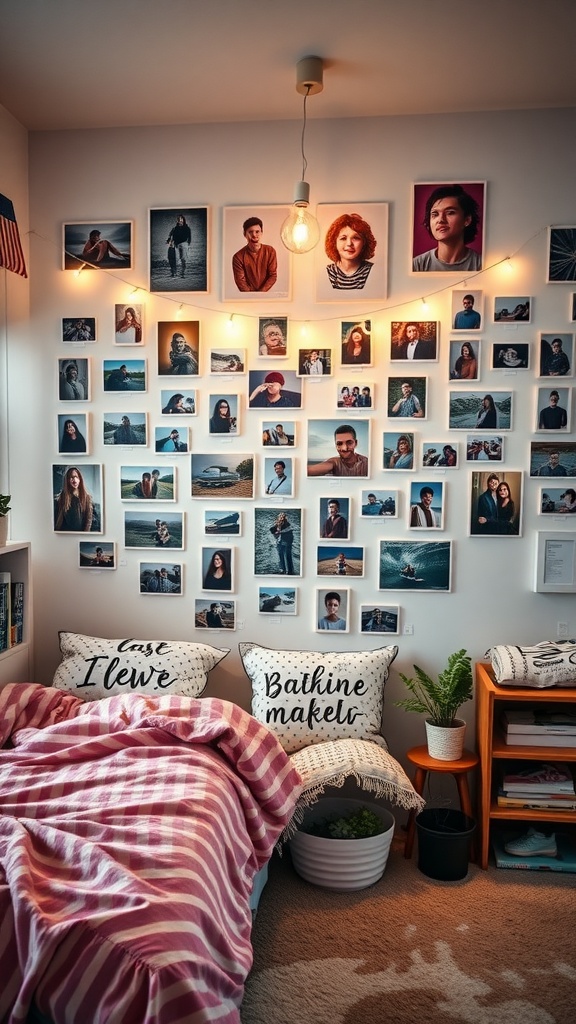 A cozy teen bedroom featuring a wall filled with photos, string lights, and stylish pillows.