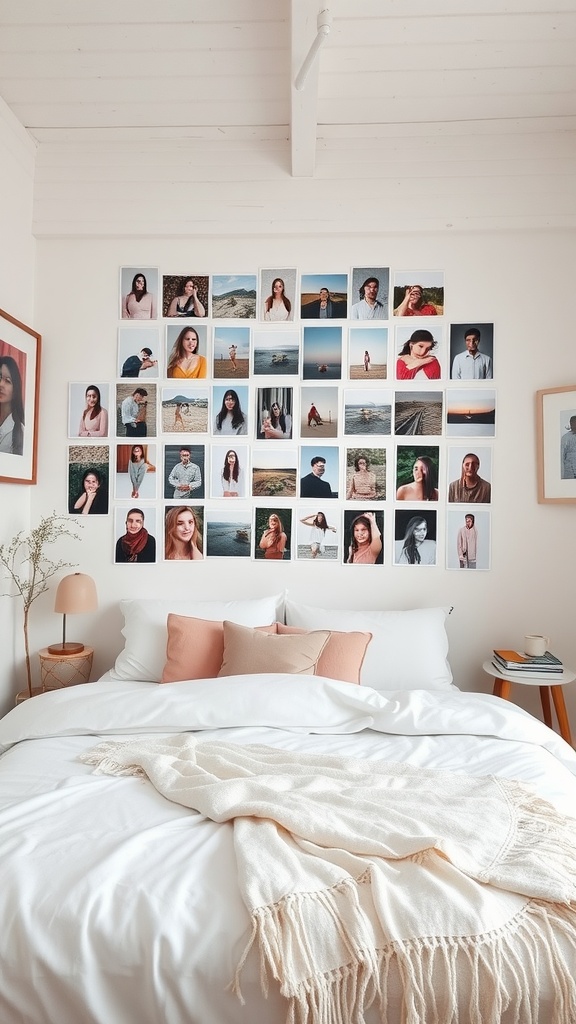 A cozy bedroom featuring a wall filled with various personal photographs, a neatly made bed with soft pillows, and warm lighting.