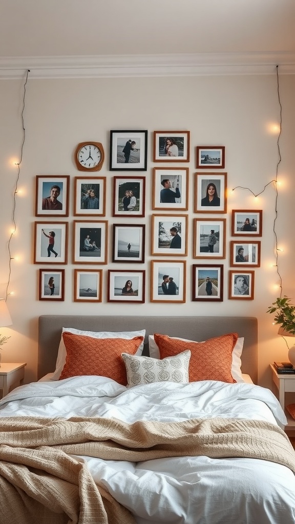A cozy bedroom with a personalized photo wall featuring framed pictures and string lights.