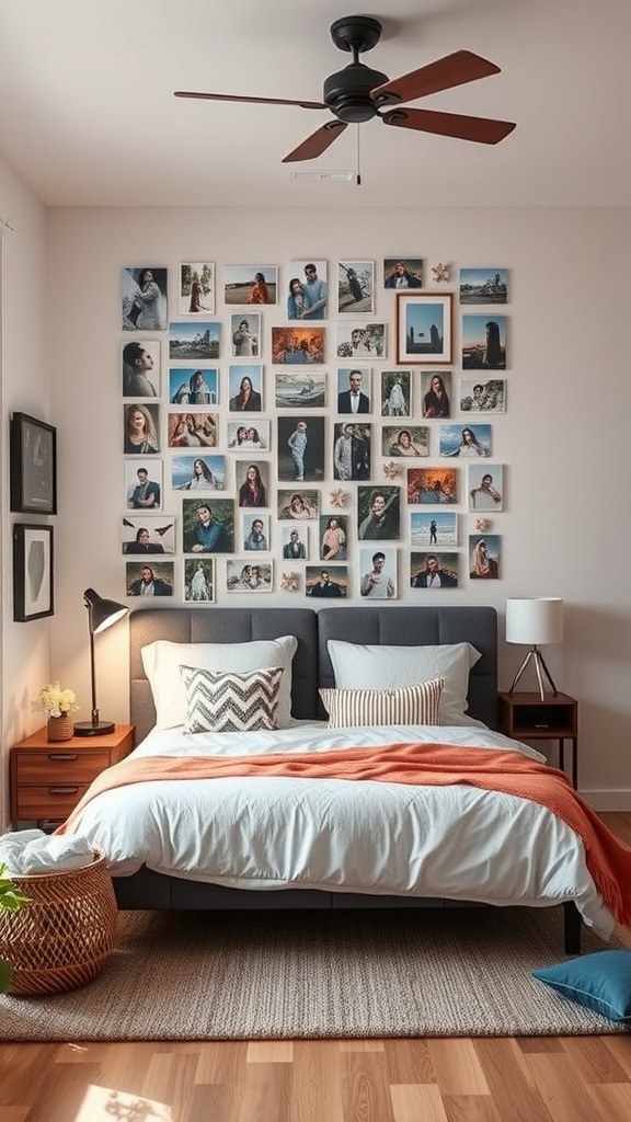 A cozy bedroom featuring a personalized photo wall with various framed pictures, a comfortable bed, and warm lighting.