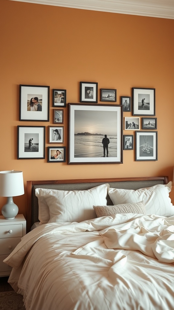 Cozy bedroom with a personalized photo wall featuring framed pictures on an orange wall.