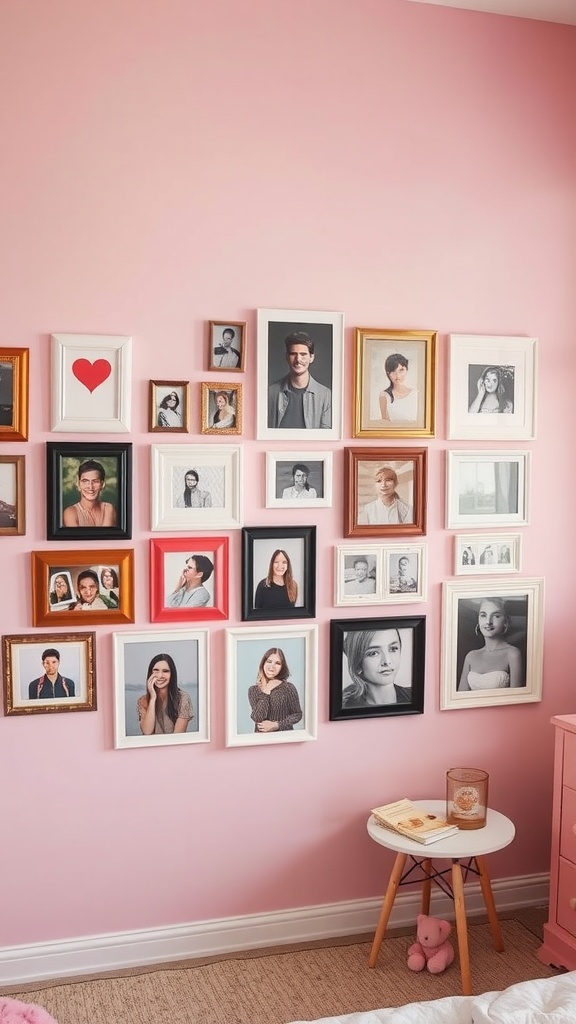 A wall decorated with various framed photos in different styles on a pink background, featuring a heart-shaped frame.