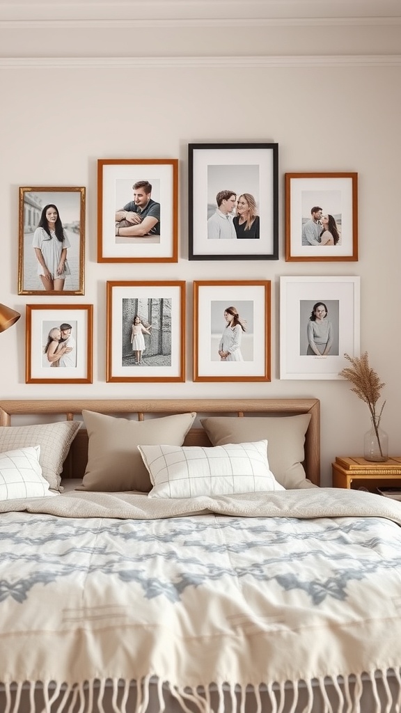 A wall decorated with various personalized picture frames containing photos, above a bed with cozy pillows and a blanket.