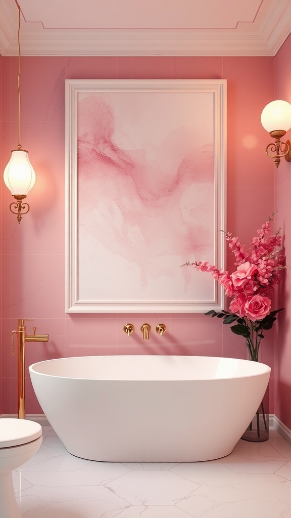 A luxurious pink bathroom featuring an elegant white bathtub, gold fixtures, and personalized pink art on the wall.