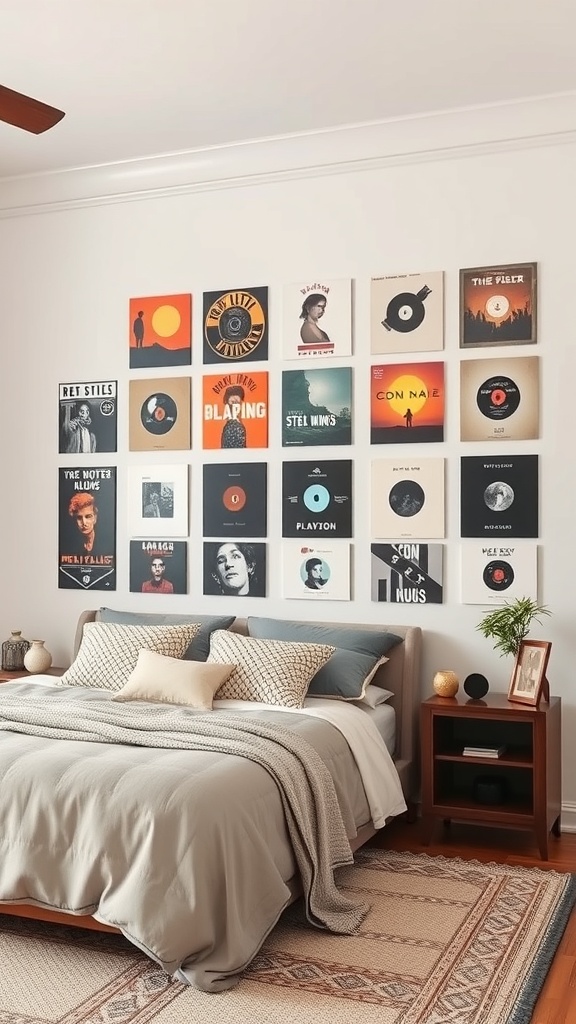 A bedroom featuring a personalized playlist wall with various album covers and a neatly made bed.