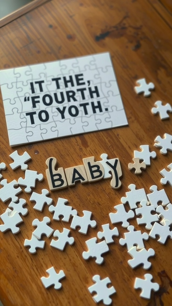 A personalized puzzle announcement setup with the phrase 'IT THE, “FOURTH TO YOTH' and wooden letters spelling 'BABY' among scattered white puzzle pieces.