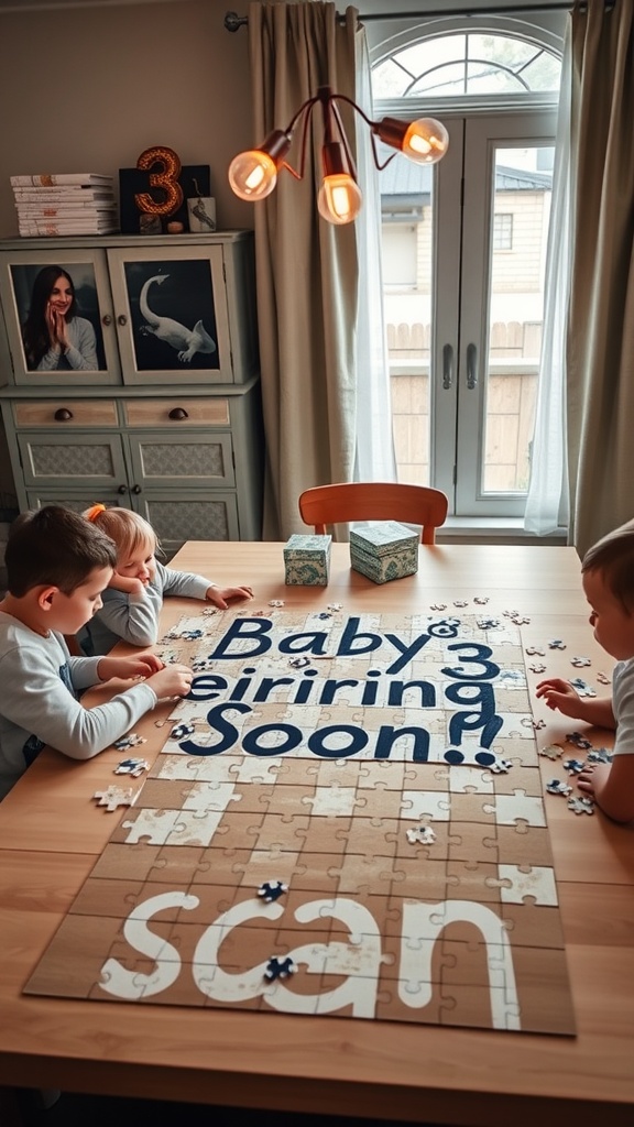 Children assembling a puzzle that announces baby number 3.
