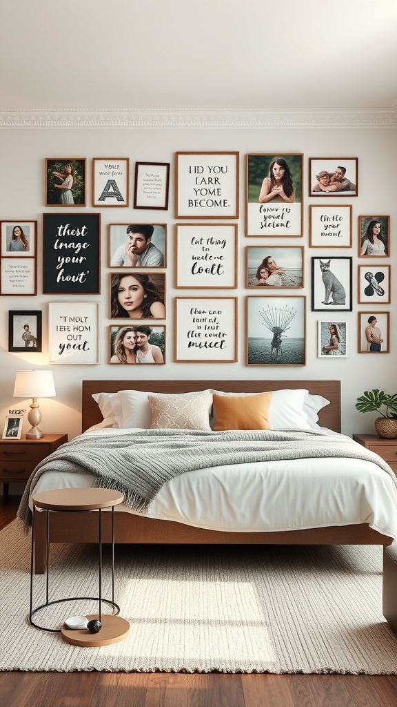 A stylish living room wall featuring a mix of framed quotes and personal photos, creating a personalized and inviting atmosphere.