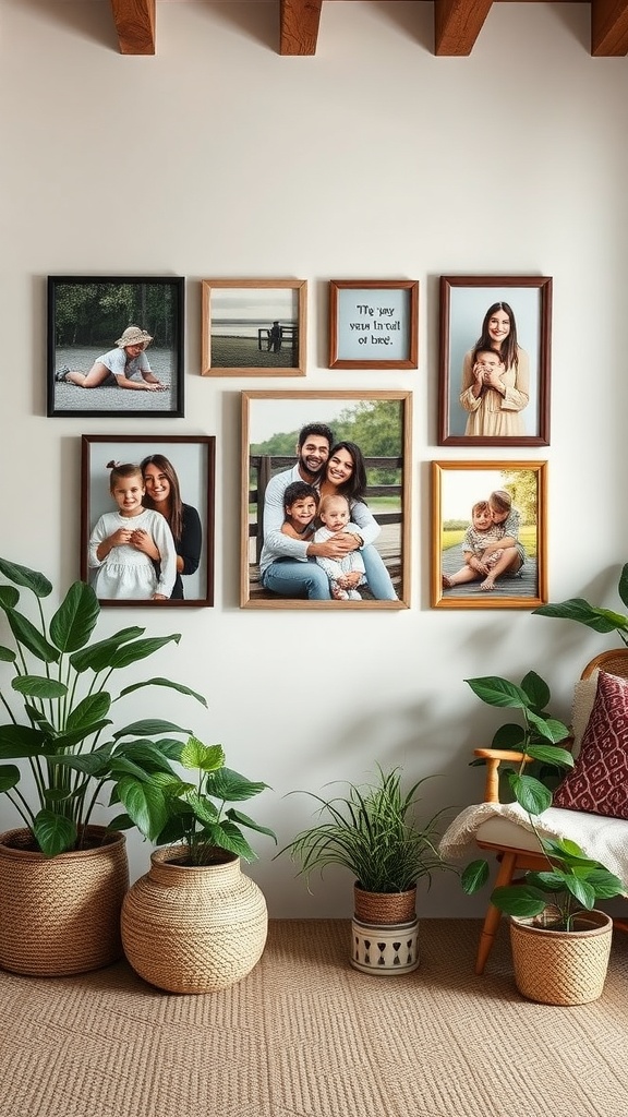 A family picture wall featuring various framed photos and a quote, accompanied by decorative plants.
