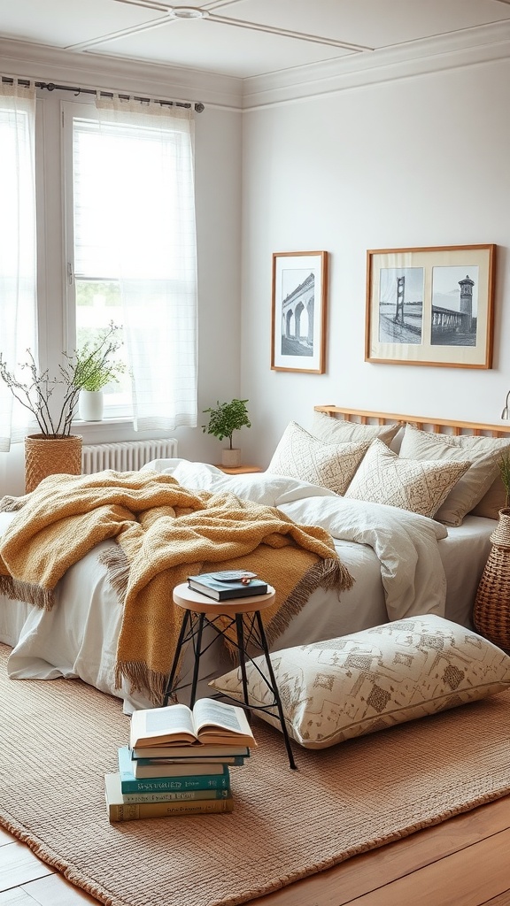 Cozy Scandinavian boho bedroom with a reading corner, featuring a bed, side table with books, and plants.