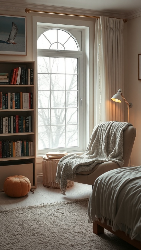 A cozy reading nook with a chair, blanket, and bookshelves near a window.