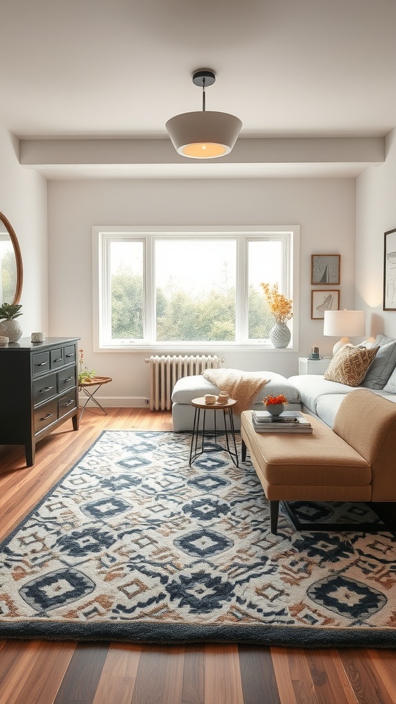A cozy kitchen with a stylish rug featuring a geometric pattern in navy, beige, and cream colors.