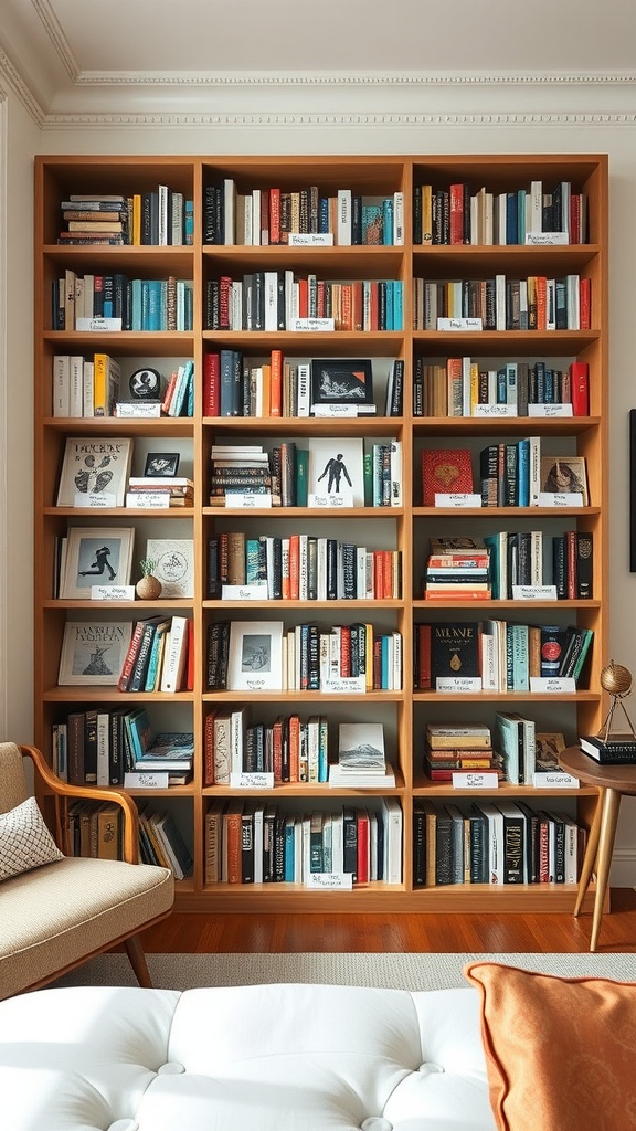 A well-organized bookshelf with personalized labels for each section.