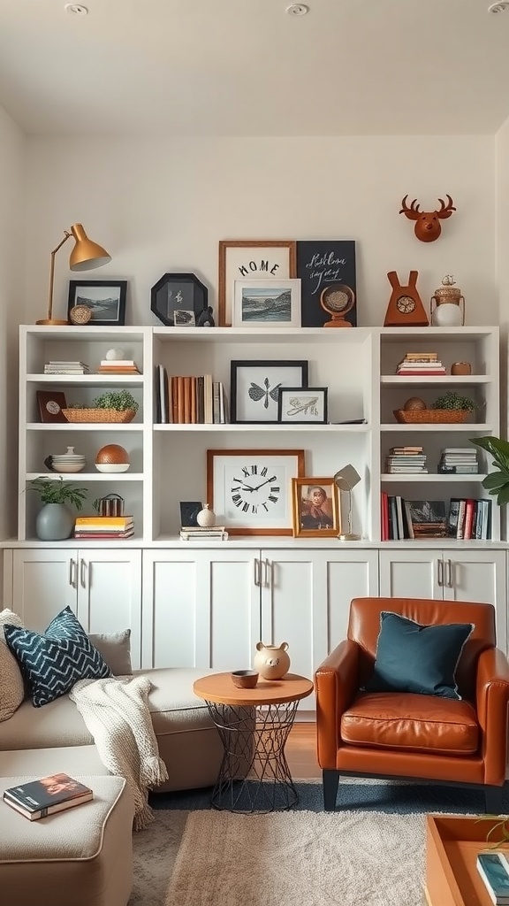 A cozy living room showcasing personalized shelving with books, decor, and a comfortable chair.