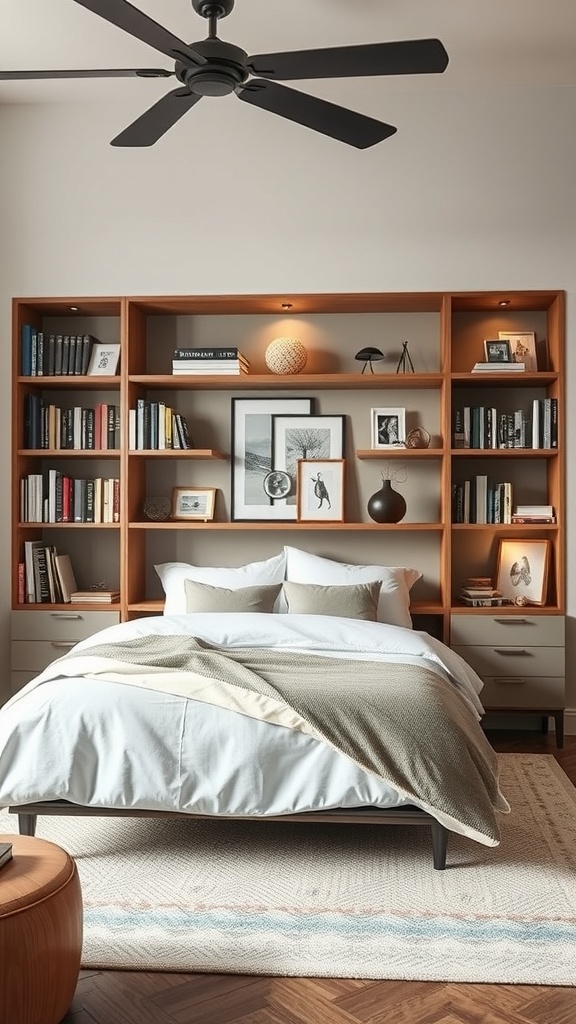 A cozy living room with a wooden bookshelf filled with books and decorative items, complemented by soft bedding and a stylish rug.