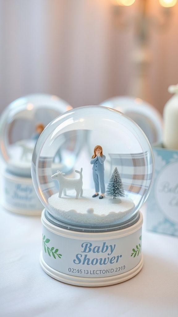 Personalized snow globe favors for a baby shower featuring a cozy winter scene with a figure, dog, and tree.