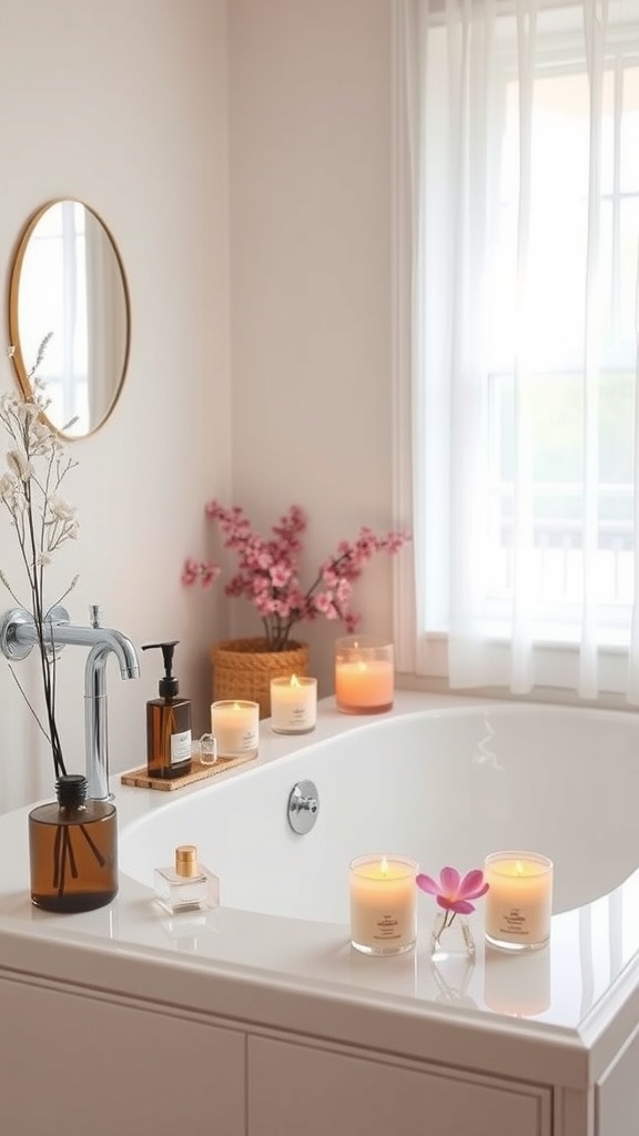 A luxurious bathroom with a bathtub, candles, flowers, and soft lighting.