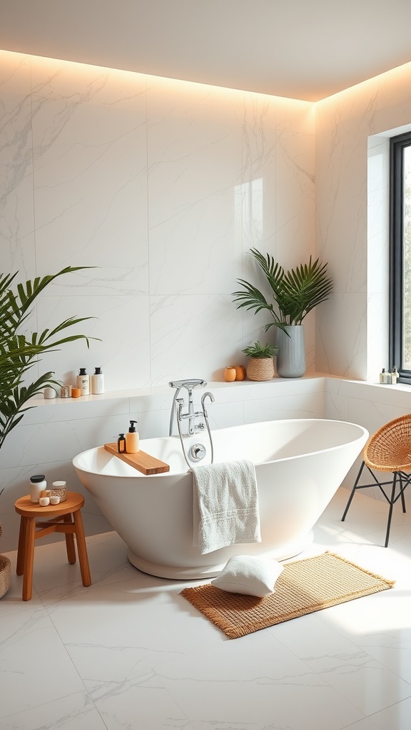 A serene bathroom with a freestanding tub, wooden tray, and plants, creating a spa-like atmosphere.