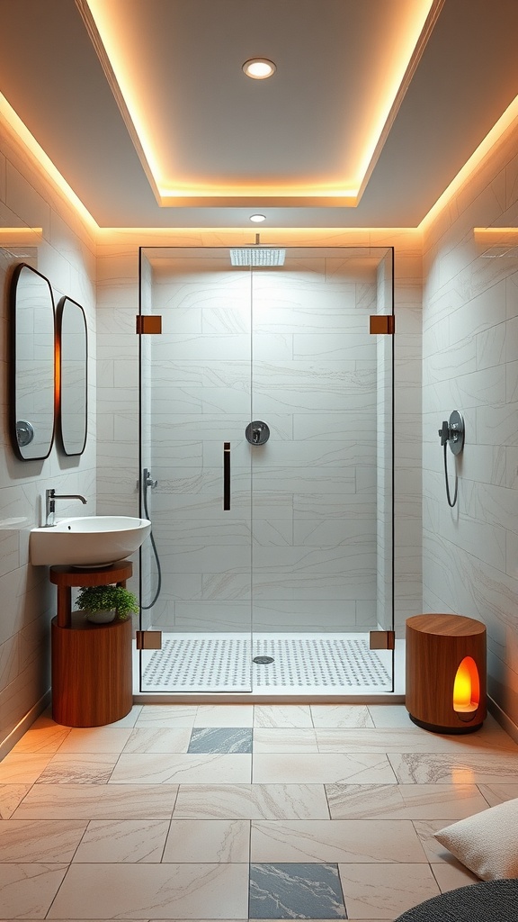 Modern bathroom with glass shower, warm lighting, and stylish decor.