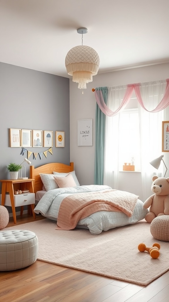 A cozy toddler bedroom with soft colors, a wooden bed, framed pictures, and playful decor.