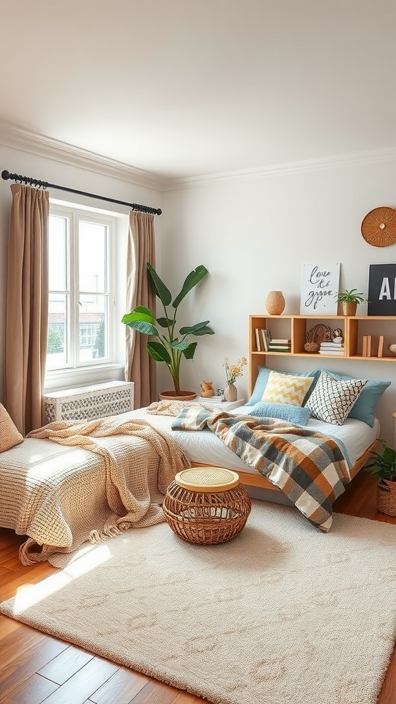 A shared kids bedroom with two beds, decorated with colorful pillows and a cozy blanket, and natural light coming through the window.