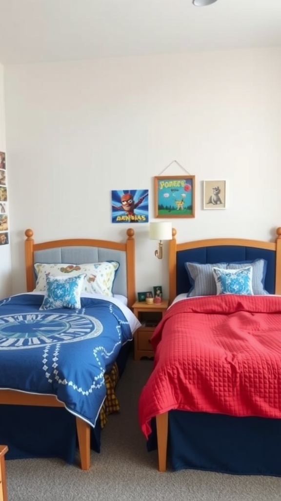A shared bedroom with two twin beds, one with blue bedding and the other with red, showcasing personalized decorations and nightstands.