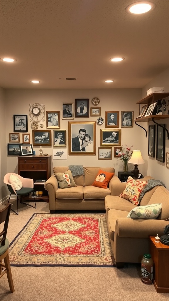 A cozy basement living room featuring family photos on the walls, comfortable seating, and a decorative rug.