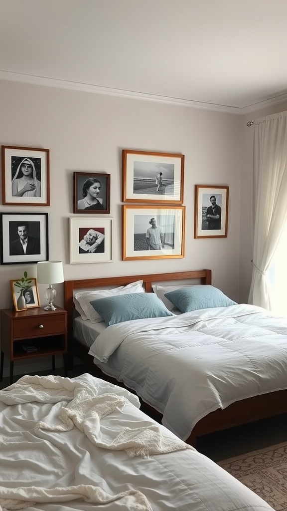 A calm bedroom featuring a wall of black-and-white framed photographs, a neatly made bed with blue pillows, and a cozy atmosphere.
