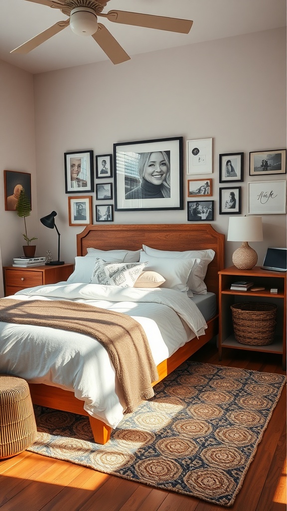 Cozy bedroom with framed photographs on the wall and a comfortable bed