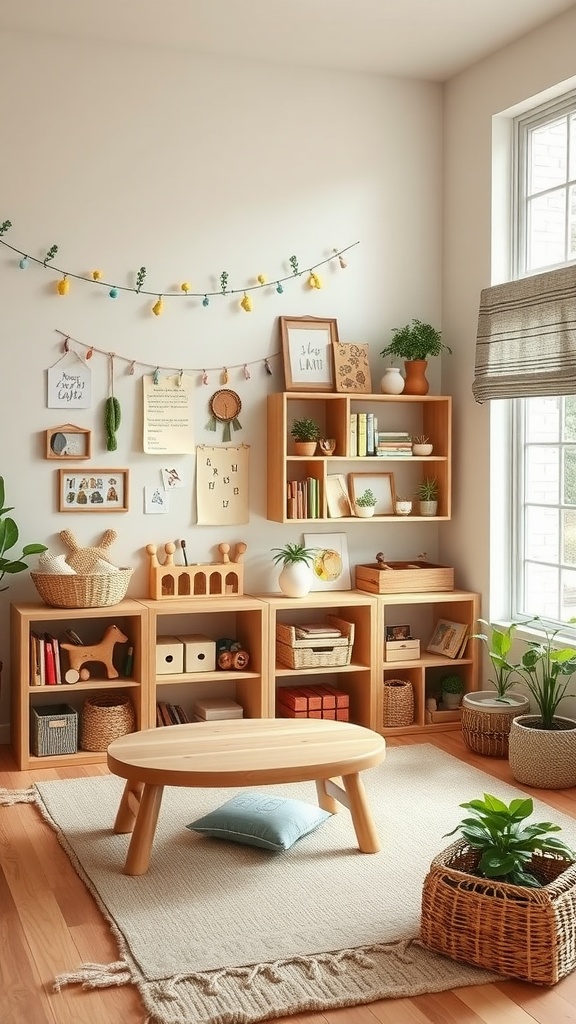 A cozy Montessori toddler room with low shelves, toys, and plants, designed for personalized learning.
