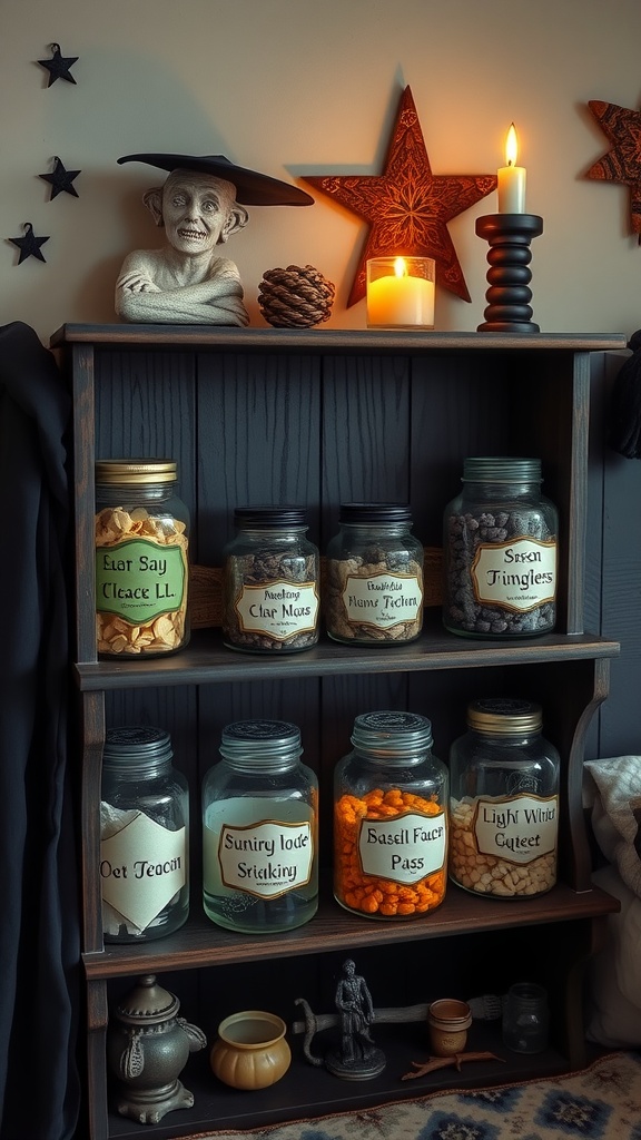 An array of personalized spell jars displayed on a shelf, featuring various magical ingredients and labels.