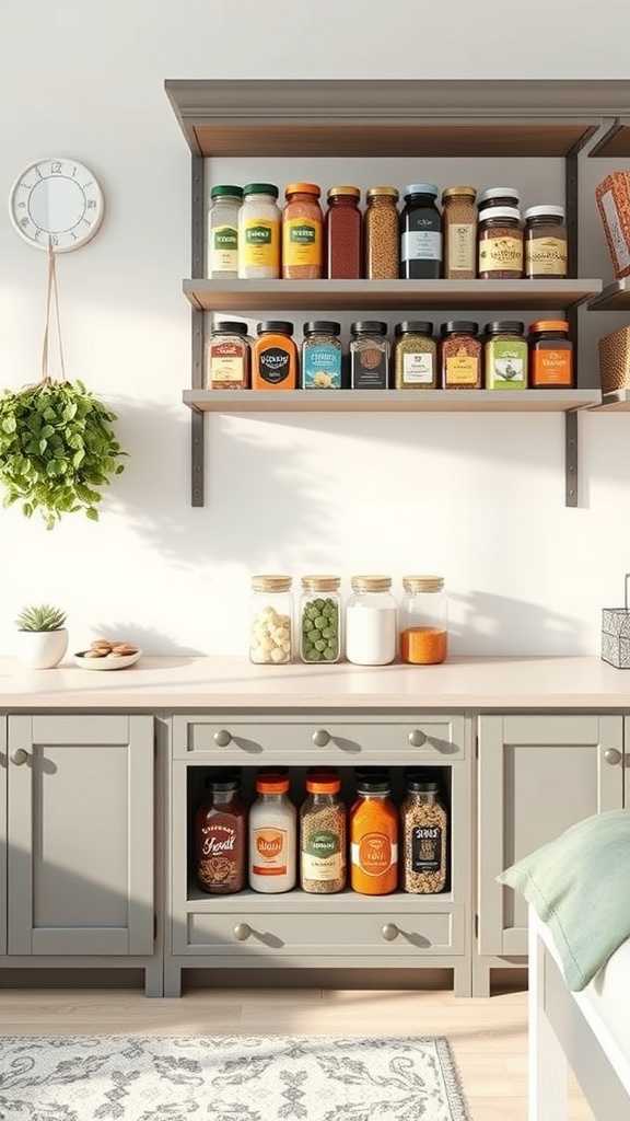 A stylish kitchen spice rack with organized jars and containers on shelves, complemented by a small plant and decorative elements.