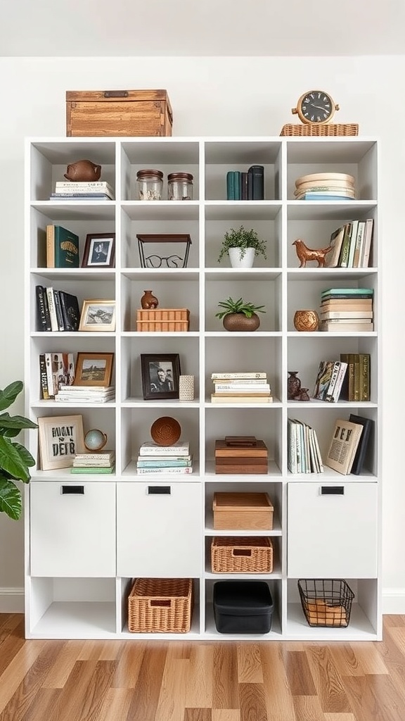 A stylish shelving unit filled with books, plants, and decorative items, showcasing personalized storage solutions.
