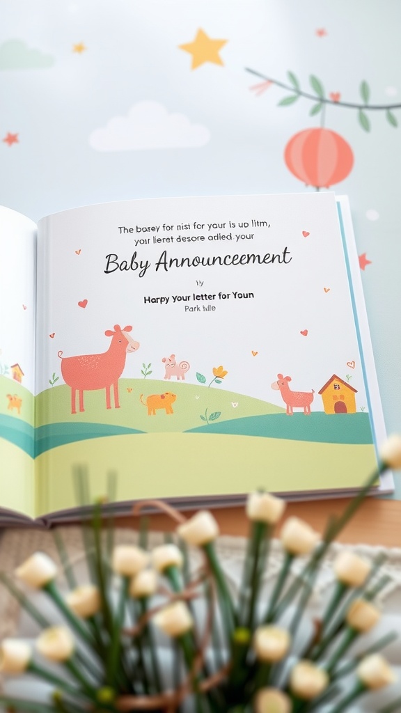 A personalized storybook for a baby announcement with illustrations of animals and a colorful landscape.