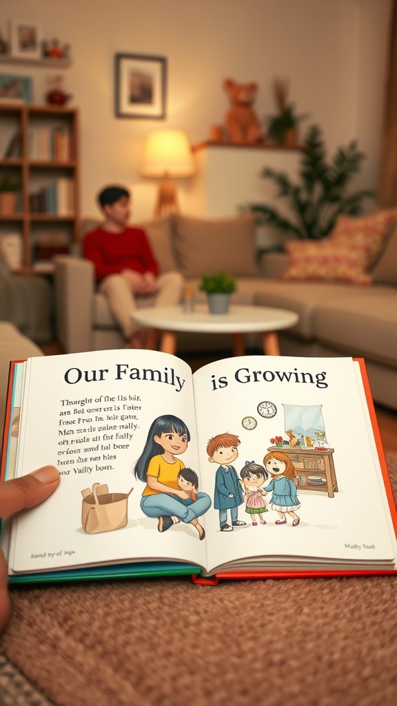 An open personalized storybook titled 'Our Family is Growing,' featuring an illustration of a family.
