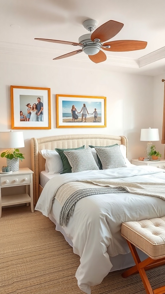 A bright summer bedroom with white linens, textured pillows, family photos on the wall, and a potted plant.