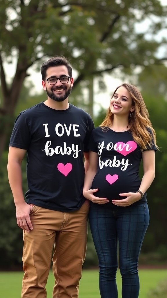 A couple wearing personalized t-shirts for a gender reveal, with the man saying 'I love baby' and the woman saying 'your baby.'