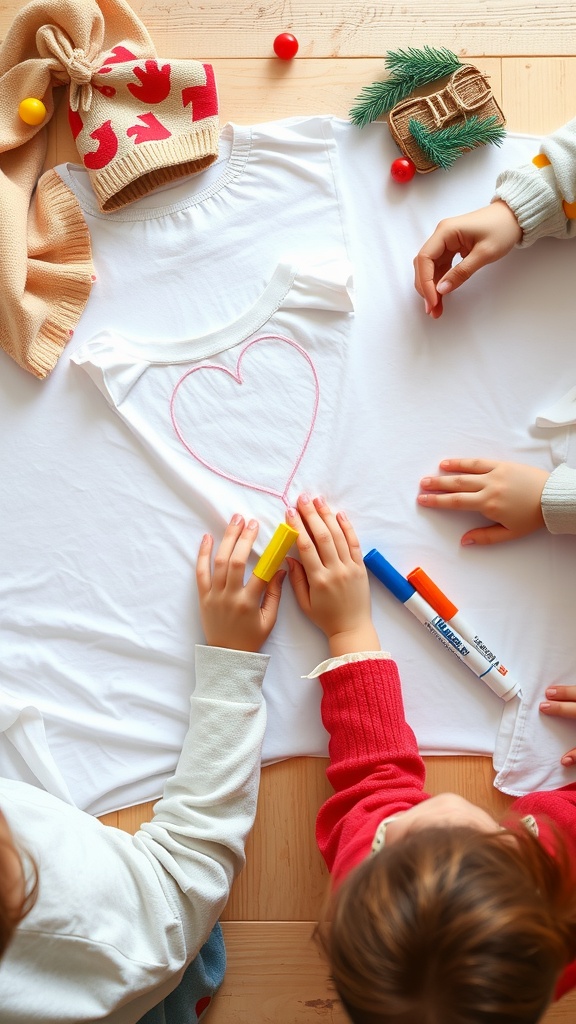 Children creating personalized t-shirts with fabric markers on a wooden table.