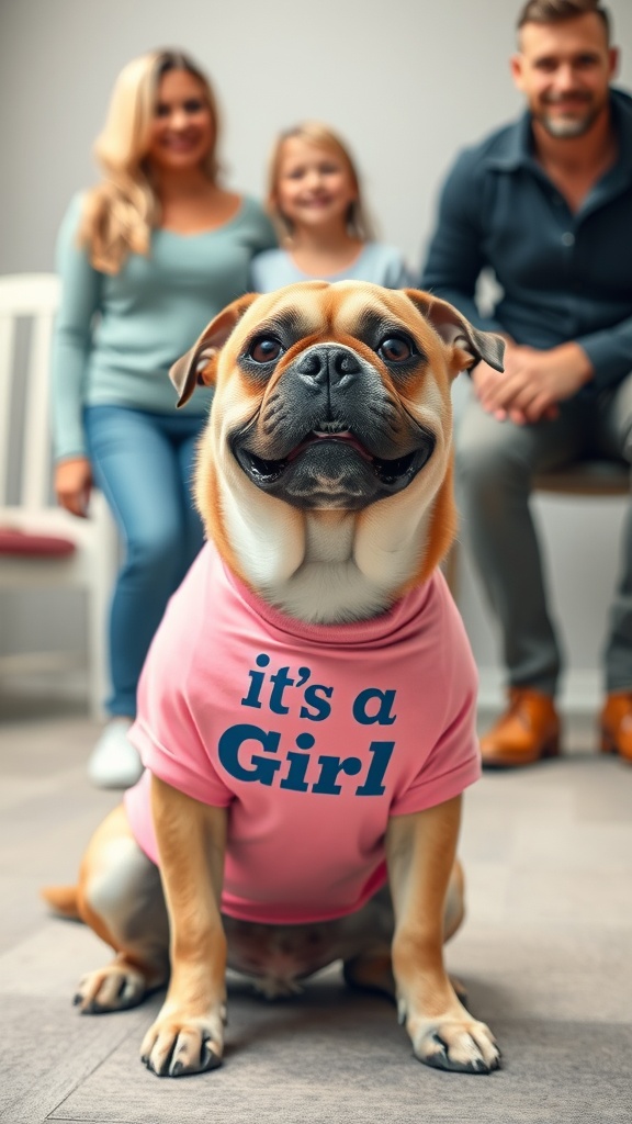 A happy dog wearing a pink shirt that says 'it's a Girl' with a family in the background.