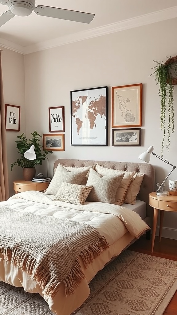 A cozy taupe-themed bedroom featuring warm colors, textured bedding, and personalized decor.