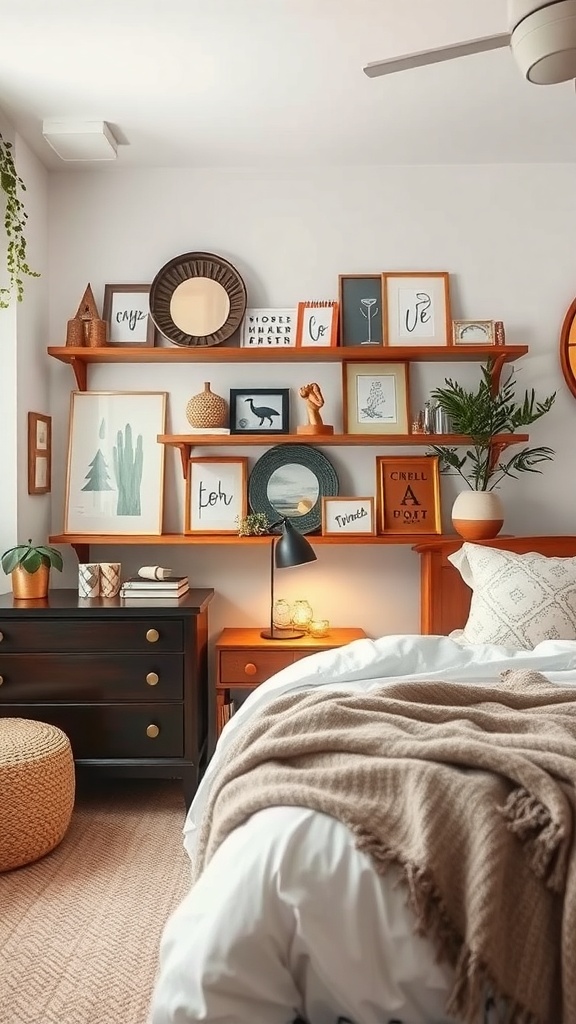 A cozy bedroom with thrifted decor items on wooden shelves, including framed art, mirrors, and a plant.