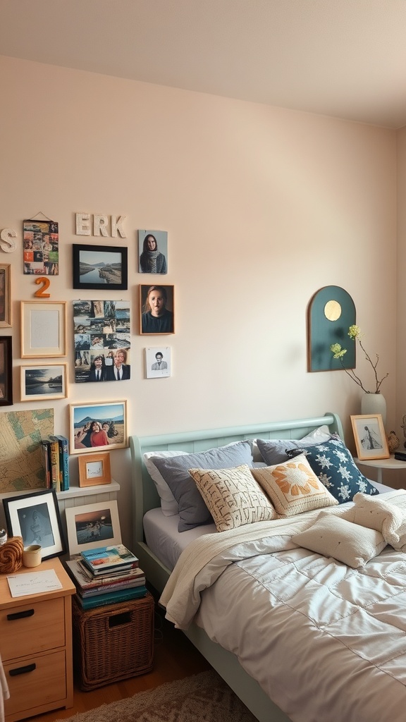 Aesthetic bedroom with personalized touches, including a photo wall, comfortable bedding, and decorative items.