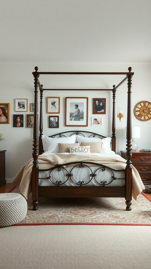 A cozy four-poster bedroom featuring framed photos on the wall and a decorative pillow.