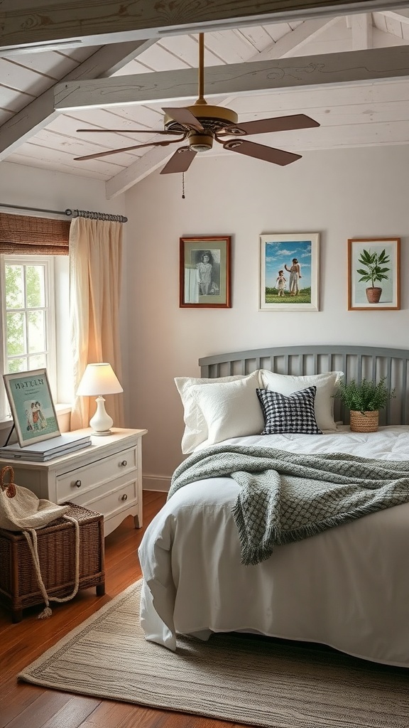 Cozy cottage bedroom with soft bedding, framed photos, and a warm atmosphere.