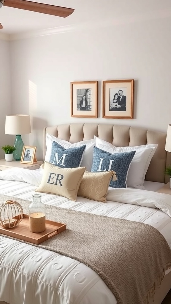 Cozy farmhouse bedroom with personalized touches like decorative pillows and framed photos.