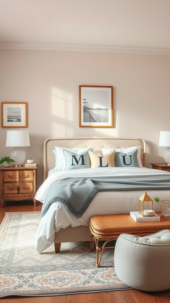 A stylish bedroom featuring a cozy bed with personalized pillows, elegant decor, and warm lighting.